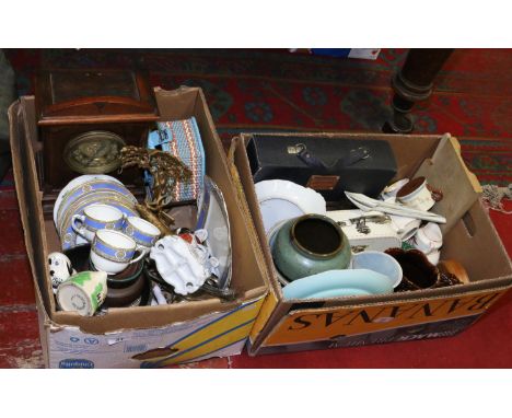 Two boxes of miscellaneous ceramics and glass. Including Paragon teaset and mantel clock etc. 