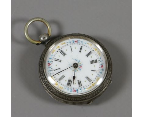 A silver cased fob watch with coloured decoration on white enamel dial and Roman numeral markers.