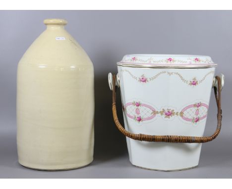 A large Doulton stoneware flagon and a Dresden ceramic bucket.