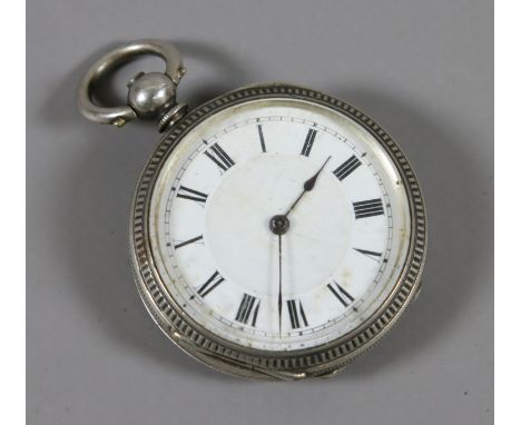 A silver cased fob watch white enamel dial Roman numeral markers.