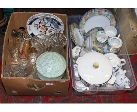 Two boxes of mixed china and glass to include Midwinter examples and part tea services etc.