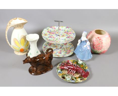 A collection of pottery and china including Midwinter chintz cake stand Art Deco globular vase, Coalport figure and a Belleek