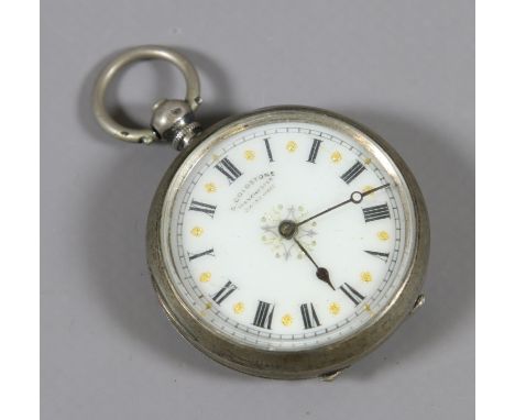 A silver cased fob watch with white enamel dial and Roman numeral markers by S. Goldstone Manchester.