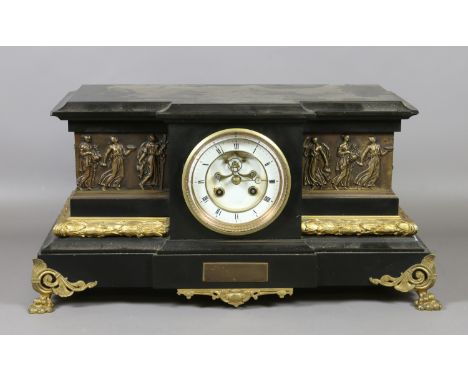 A Victorian slate and ormolu 8 day mantel clock with visible anchor escapement by Howell James Ltd.