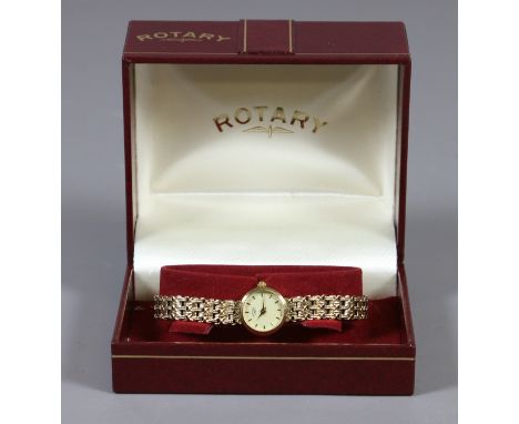 A ladies 9 carat gold Rotary quartz bracelet watch in original box, 11.4 grams. 