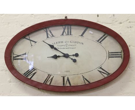 A large painted oval tin plate garden clock marked Galerie Du Gaston 798 Boulevard Raspail 1885 and a large painted centigrad