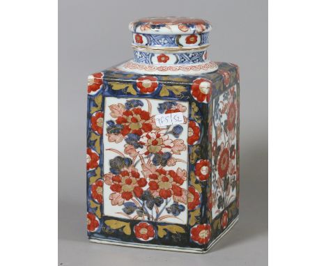 A Japanese Edo period Imari square form tea caddy with cover and inner cover. Condition Report. To be used as a guide only. R