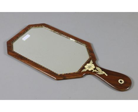 A late 19th / early 20th century rosewood hand mirror with ivory inlay depicting a poppy. 