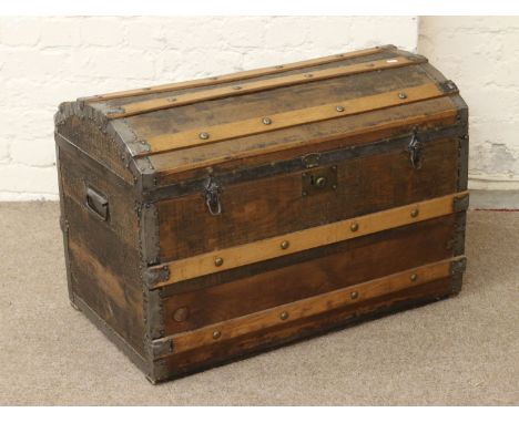 A vintage oak and metal bound travel trunk, a seagrass stool and trouser press.