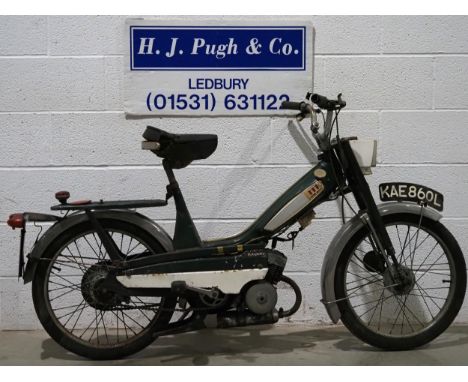 Mobylette moped. 1972. 49cc. Engine turns over but will require recommissioning.Reg. KAE 860L. Part of old V5. 