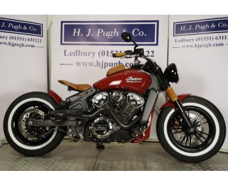 Indian Scout bobber motorcycle. 2016.1133ccFrame No. 56KMSA006G3110975Engine No. 0120530803541Runs and rides. MOT until 31.8.