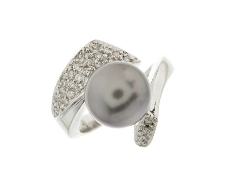 A 14ct gold Tahitian grey cultured pearl dress ring, with pave-set diamond asymmetric shoulders and open band, cultured pearl