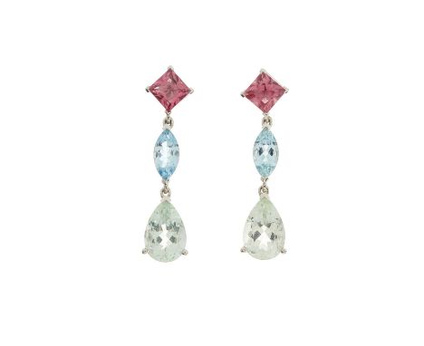 A pair of 18ct gold pear-shape green beryl and marquise-shape aquamarine drop earrings, with square-shape pink tourmaline sur