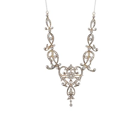 A late Victorian gold and silver, old and rose-cut diamond foliate openwork necklace, with 9ct gold curb-link chain, estimate