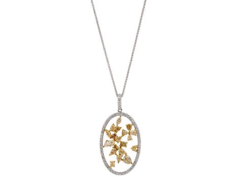 An 18ct gold vari-shape fancy coloured diamond pendant, with brilliant-cut colourless diamond surround and surmount, suspende