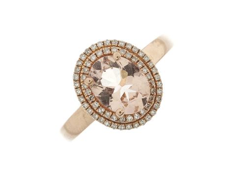 A 14ct gold morganite and single-cut diamond cluster ring, estimated total diamond weight 0.30ct, band stamped 14K, ring size