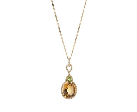 An 18ct gold citrine, peridot and brilliant-cut diamond cluster pendant, with similarly-cut diamond line surmount and spacer,