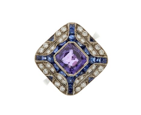 A mid 20th century 18ct gold amethyst, calibre-cut sapphire and brilliant-cut diamond dress ring, with triangular-shape sapph