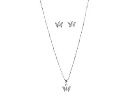 A set of 18ct gold diamond jewellery, to include a pair of earrings and a pendant, each designed as a butterfly, with 9ct gol