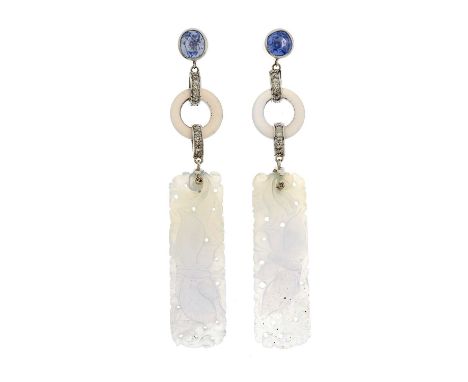 A pair of carved lavender jade drop earrings, with lavender jade hoop and diamond accent spacers, each with circular-shape sa