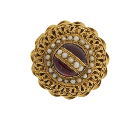 A mid 20th century 15ct gold foil-back red gem bombe ring, with split pearl overlay and surround, ring size Q, 10.9g- Overall