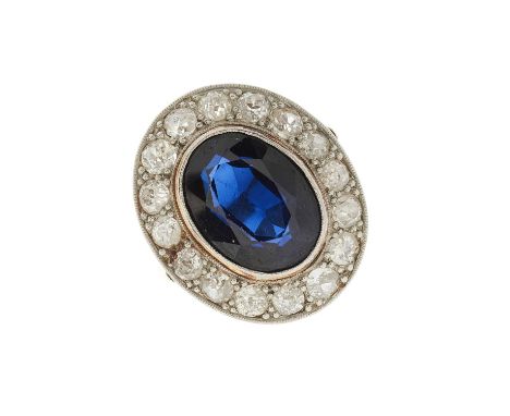 A mid 20th century gold, synthetic sapphire and old-cut diamond cluster ring, estimated total diamond weight 1ct, I-J colour,