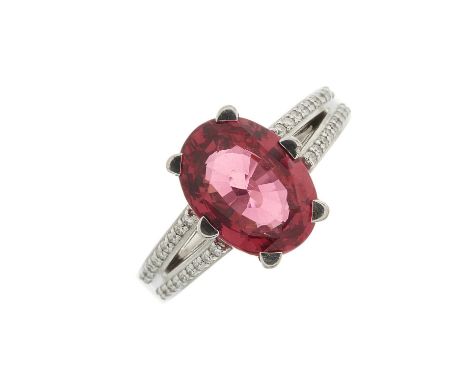 An 18ct gold red spinel single-stone dress ring, with brilliant-cut diamond line tapered shoulders, spinel estimated weight 4