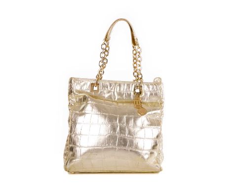 Versace, a gold crocodile embossed leather handbag, featuring polished gold-tone hardware, dual chain and leather handles, to