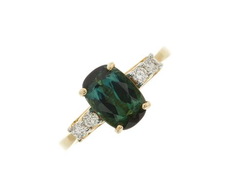 An 18ct gold green tourmaline dress ring, with brilliant-cut diamond duo sides and slightly tapered shoulders, tourmaline est