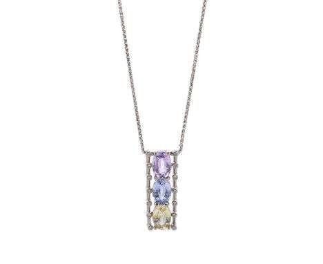 An 18ct gold vari-hue sapphire three-stone pendant, with brilliant-cut diamond line sides, suspended from an 18ct gold spiga-