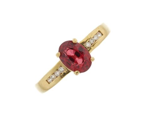 An 18ct gold ruby single-stone dress ring, with brilliant-cut diamond line shoulders, ruby estimated weight 1.20ct, estimated