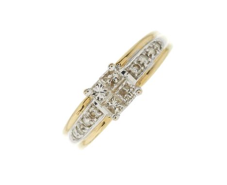 An 18ct gold square-shape diamond cluster dress ring, with brilliant-cut diamond line shoulders and tapered band, total diamo