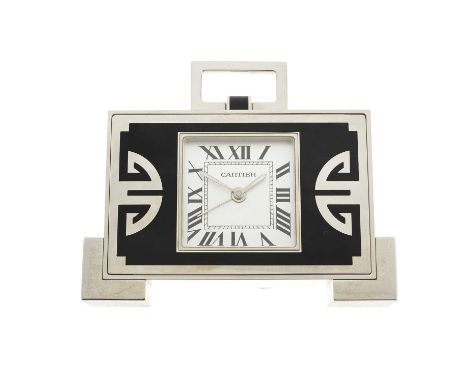 Cartier, a stainless steel and enamel travel alarm clock, reference 2749, serial 184248GD, box and partial papers, measures a
