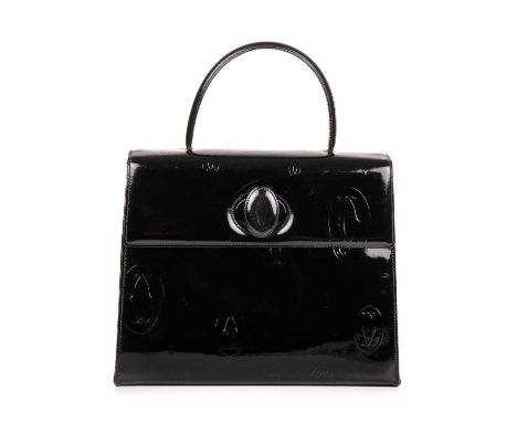 Cartier, a top handle Happy Birthday handbag, designed with a structured shape, featuring a black logo embossed patent leathe