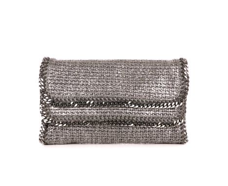 Stella McCartney, a large double flap Falabella clutch, designed with a metallic silver woven textile exterior, with polished