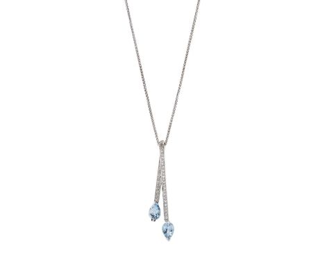 An 18ct gold aquamarine two-stone pendant, with brilliant-cut diamond double line surmount, suspended from an 18ct gold spiga