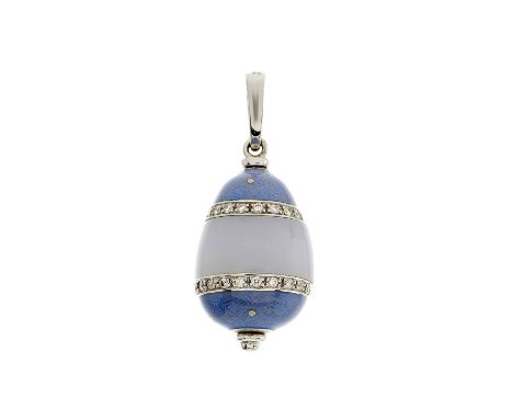 Victor Mayer for Faberge, a limited edition 18ct gold diamond, blue chalcedony and blue enamel egg charm pendant, signed Fabe