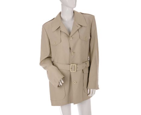 Aquascutum, a cream jacket, featuring a notched lapel collar, buttoned epaulettes, waist belt and front buttoned fastening, f