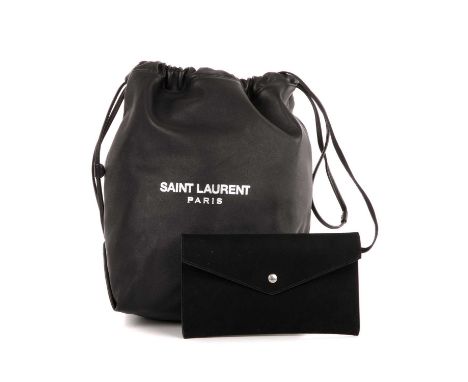 Yves Saint Laurent, a drawstring chain tote, crafted from black calfskin leather, featuring the maker's silver-tone printed f