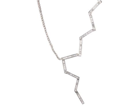 An 18ct gold diamond geometric necklace, designed as a calibre-cut diamond zig-zag line, with similarly-designed and brillian