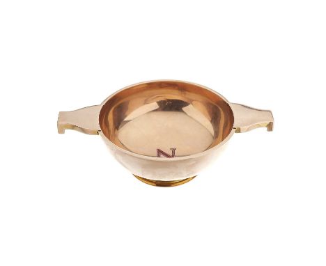 Hamilton &amp; Inches, an Art Deco silver gilt quaich, with red and white enamel initial to the interior, maker's marks for H