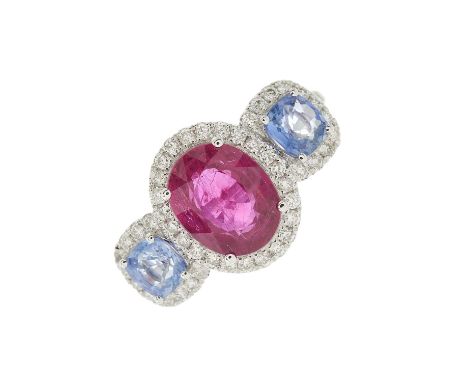 An 18ct gold ruby and brilliant-cut diamond cluster dress ring, with sapphire and diamond cluster sides and brilliant-cut dia