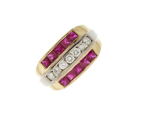 An 18ct gold brilliant-cut diamond seven-stone band ring, with calibre-cut ruby sides and tapered bi-colour band, estimated t