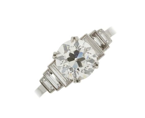 An Art Deco platinum old-cut diamond single-stone ring, with graduated rectangular-shape diamond stepped shoulders, estimated