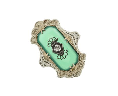 An 18ct gold green chalcedony and circular-cut diamond dress ring, with engraved floral surround and openwork shoulders, band