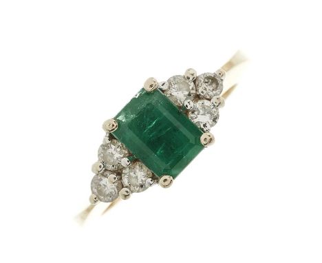 A 14ct gold emerald dress ring, with brilliant-cut diamond trefoil sides and tapered band, emerald estimated weight 1ct, esti