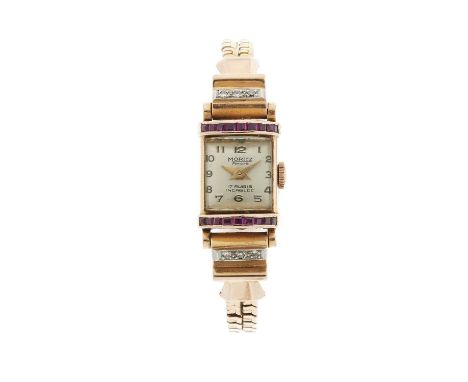 A mid 20th century 14ct gold calibre-cut ruby and single-cut diamond cocktail watch, dial signed Moritz, unsigned manual wind