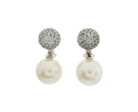 Seaman Schepps, a pair of 18ct gold aquamarine and cultured pearl drop earrings, with clip fittings, maker's marks for Seaman