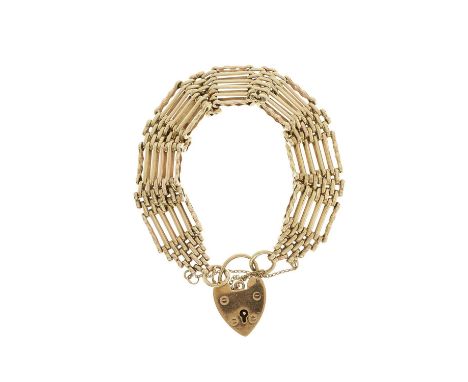 A 1970s 9ct gold gate bracelet, with 9ct gold heart-shape padlock clasp, hallmarks for London 1973 and Birmingham 1972, lengt