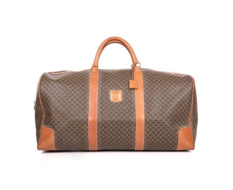 Celine, a vintage holdall travel bag, crafted from macadam coated canvas with tan leather trim, rolled leather handles, locka